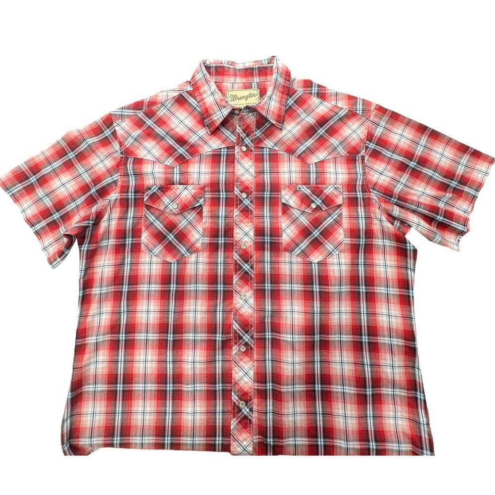 Mens Vintage Wrangler Plaid Western Shirt Short Sleeve Pearl Button Red size XLo